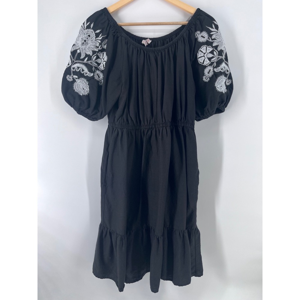 Black Embroidered Puff Sleeve Smocked Waist Tiered Midi Dress Womens M Boho Chic